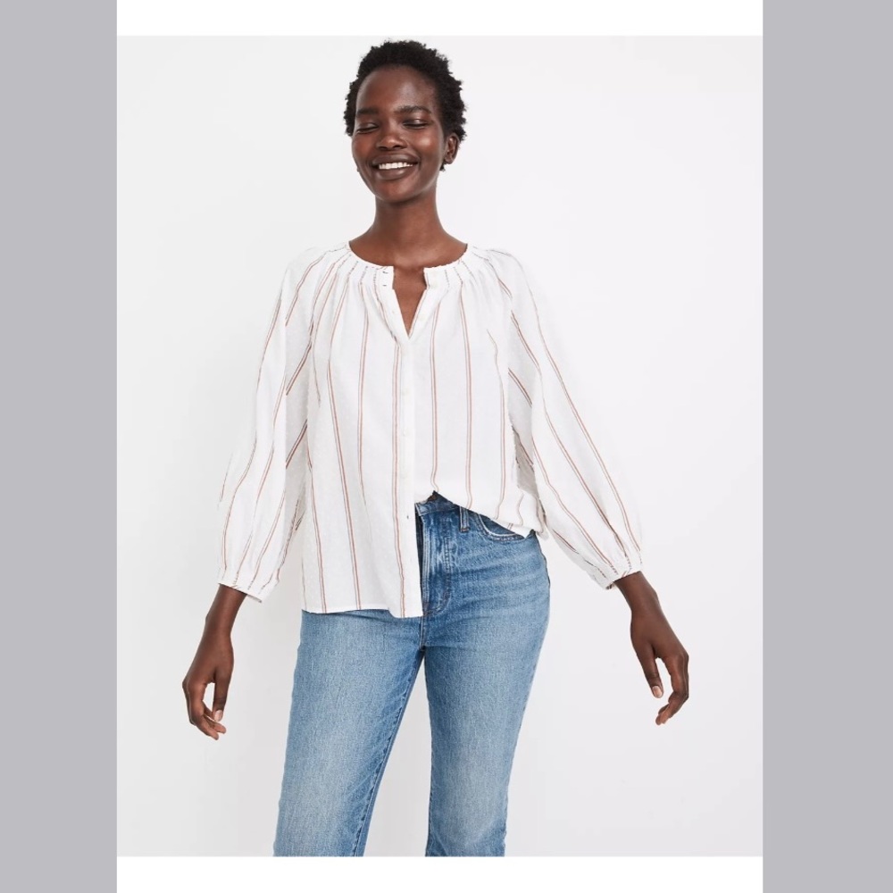 Madewell Smocked Neck Raglan Top in Clipdot Stripe, Size S